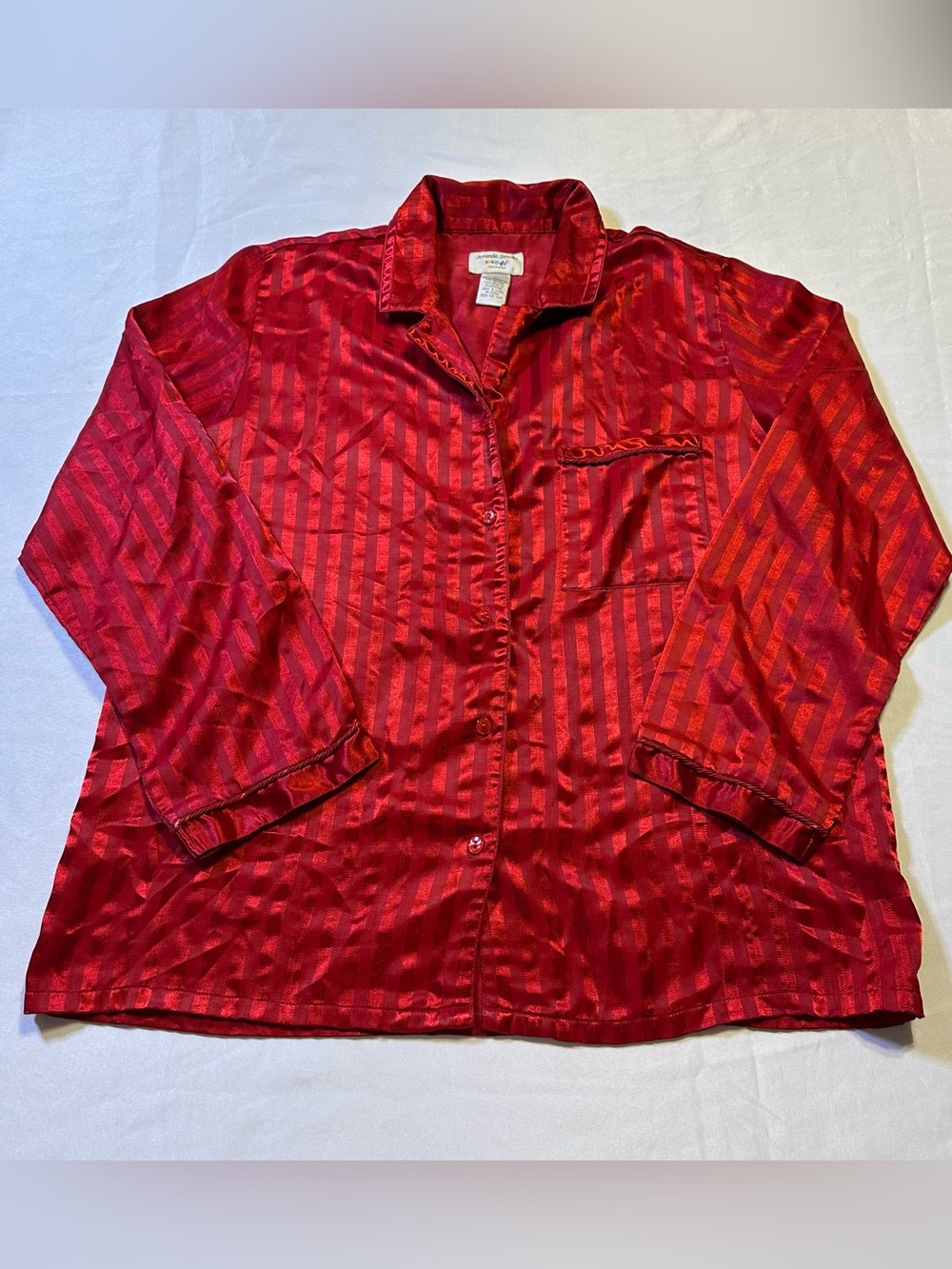 Red Satin Stripe Amanda Stewart Button-Up Vintage sleepwear Shirt